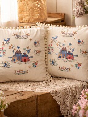 Cottagecore Heartland Pillow Covers Set 18x18 Velvet Pom Pom Edge